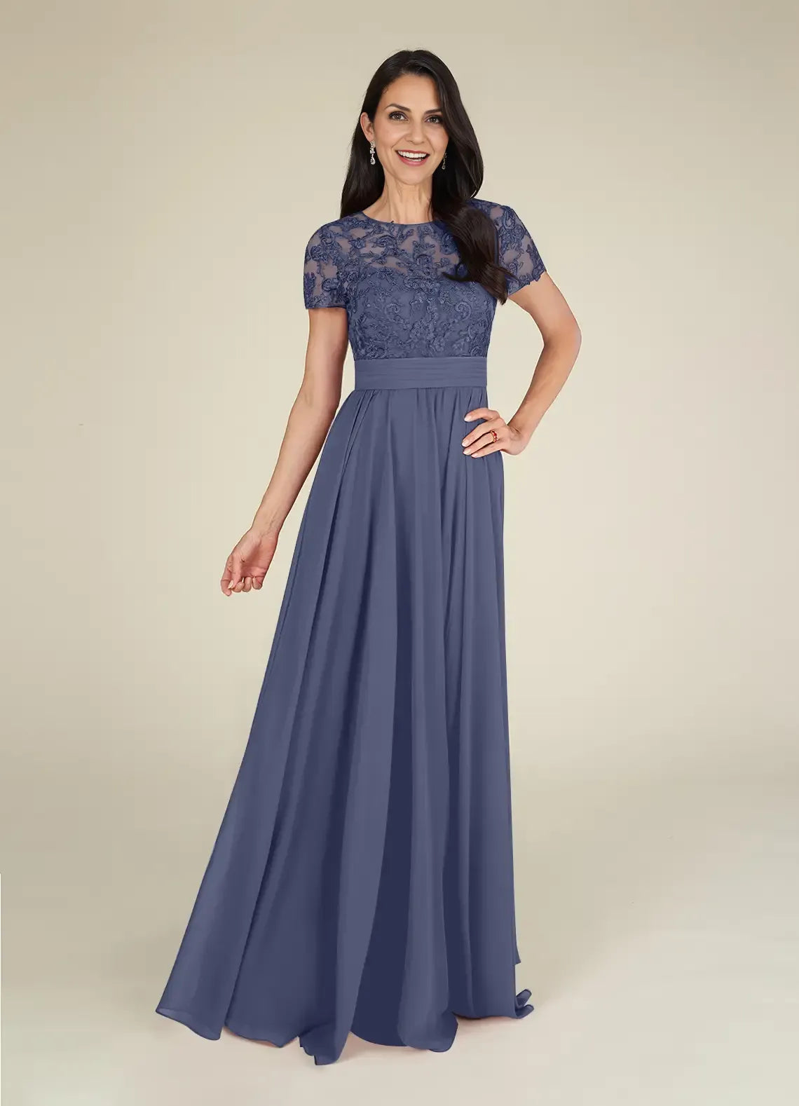 Weitese Dress Fashion Stormy A-Line Lace Chiffon Dress Floor-Length Short Sleeve Scoop Neck Pleated Mother of the Bride Dress