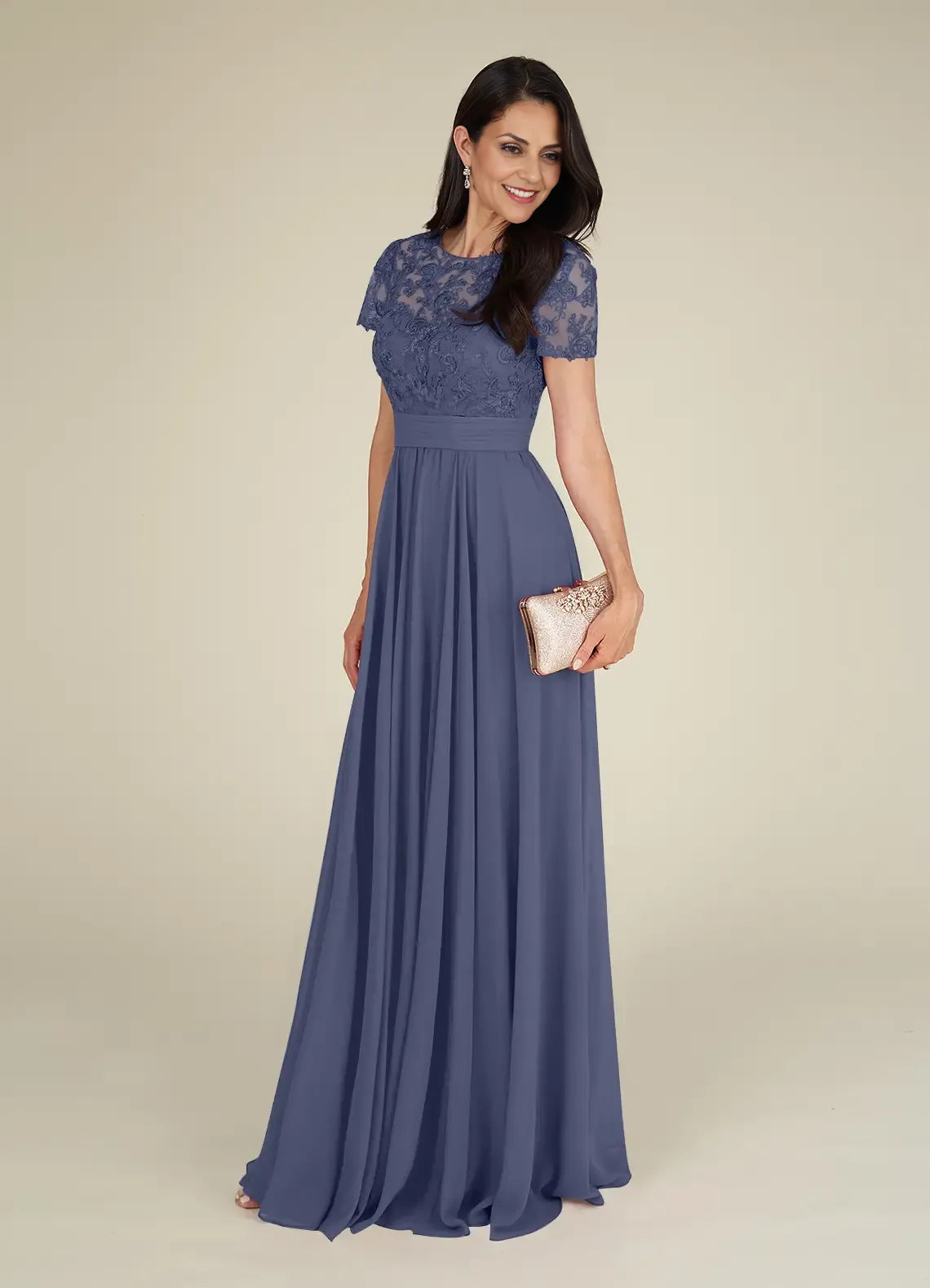 Weitese Dress Fashion Stormy A-Line Lace Chiffon Dress Floor-Length Short Sleeve Scoop Neck Pleated Mother of the Bride Dress