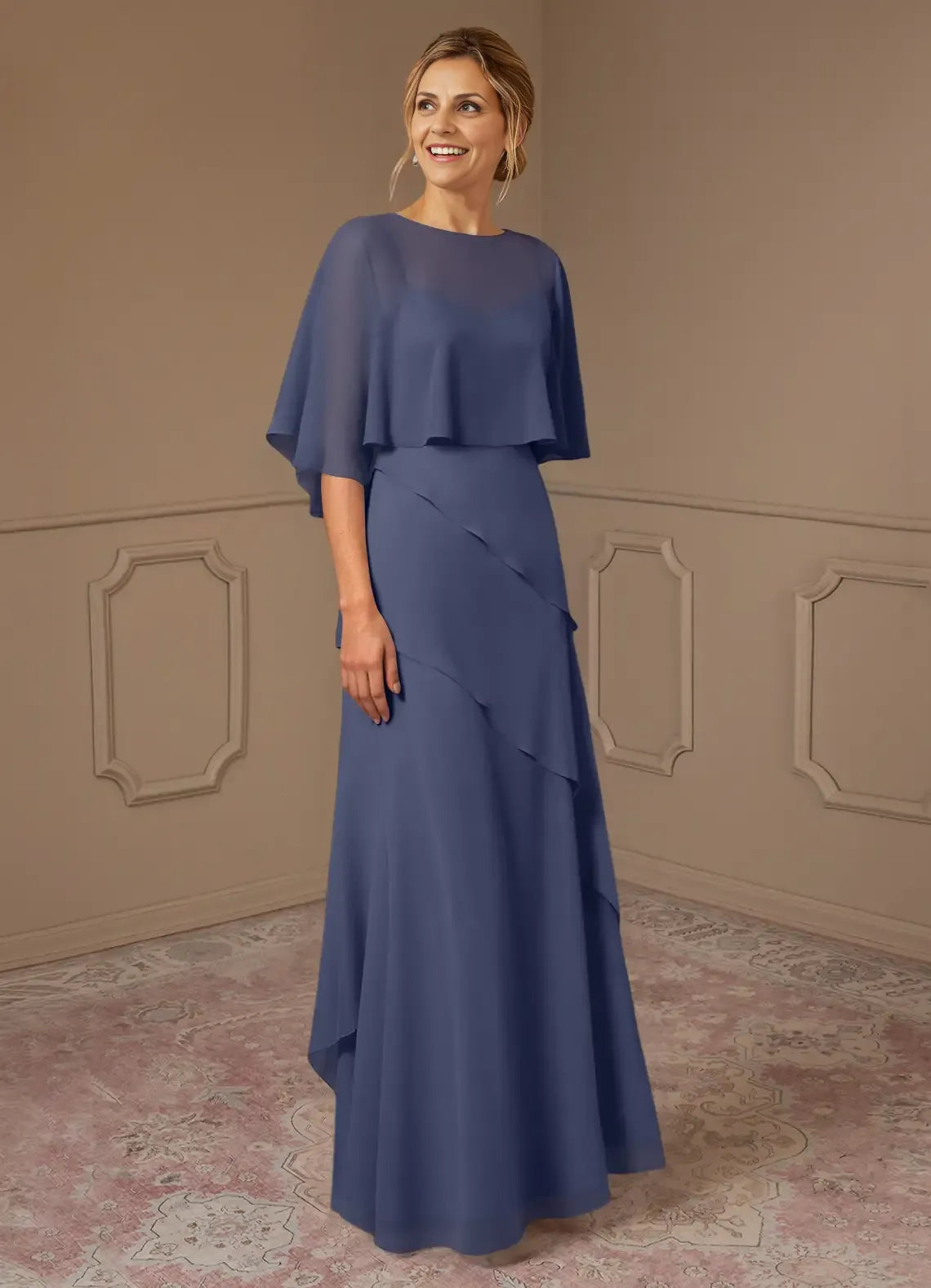 Weitese Dress A-Line Scoop Neck Chiffon Dress Mother Of The Bride Dresses Elegant Cap Sleeves Capelet Evening Dress