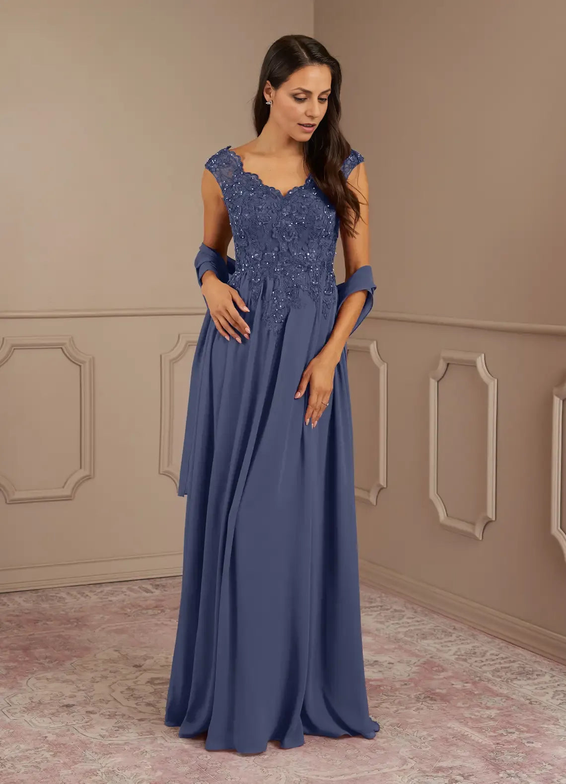 Weitese Dress Black A-Line V-Neck Lace Sequins Chiffon Maxi Dress Modern Cap Sleeves V Back Mother of the Bride Dress