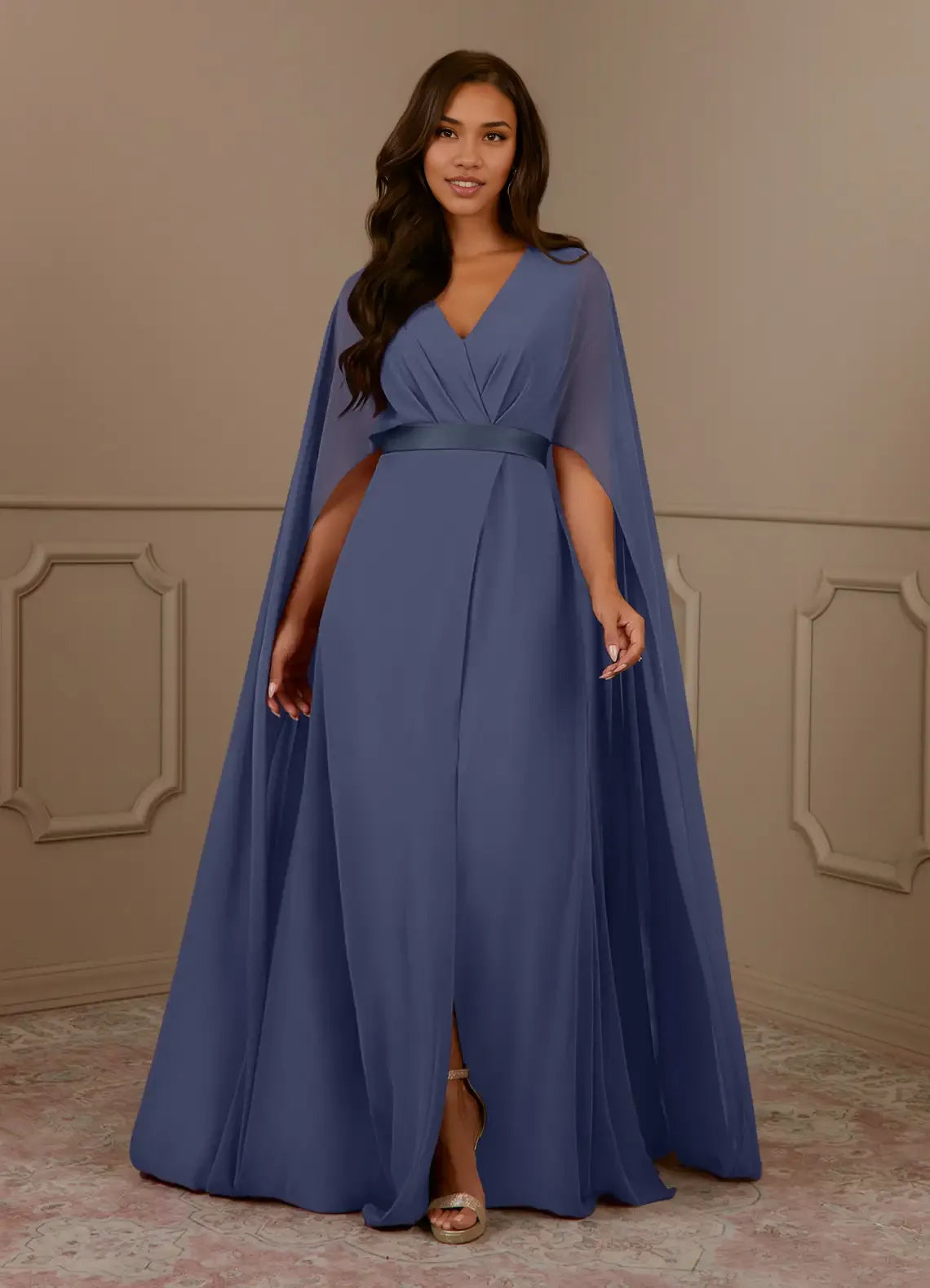 Robe Weitese bleu marine foncé, col en V, mousseline plissée, coupe trapèze, robe de soirée pour mère de la mariée, minimaliste, manches cape, fermeture éclair au dos, grande taille 