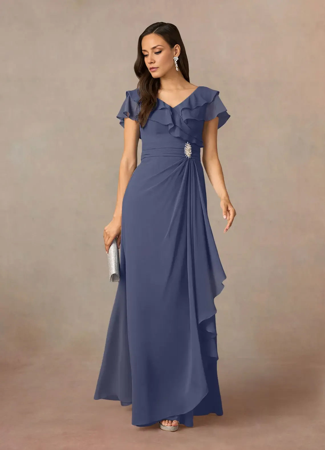 Robe Weitese bleu marine foncé, coupe trapèze, col en V, en mousseline froncée, robe de soirée pour mère de la mariée, élégante, volantée, manches flottantes, dos en V, grande taille 