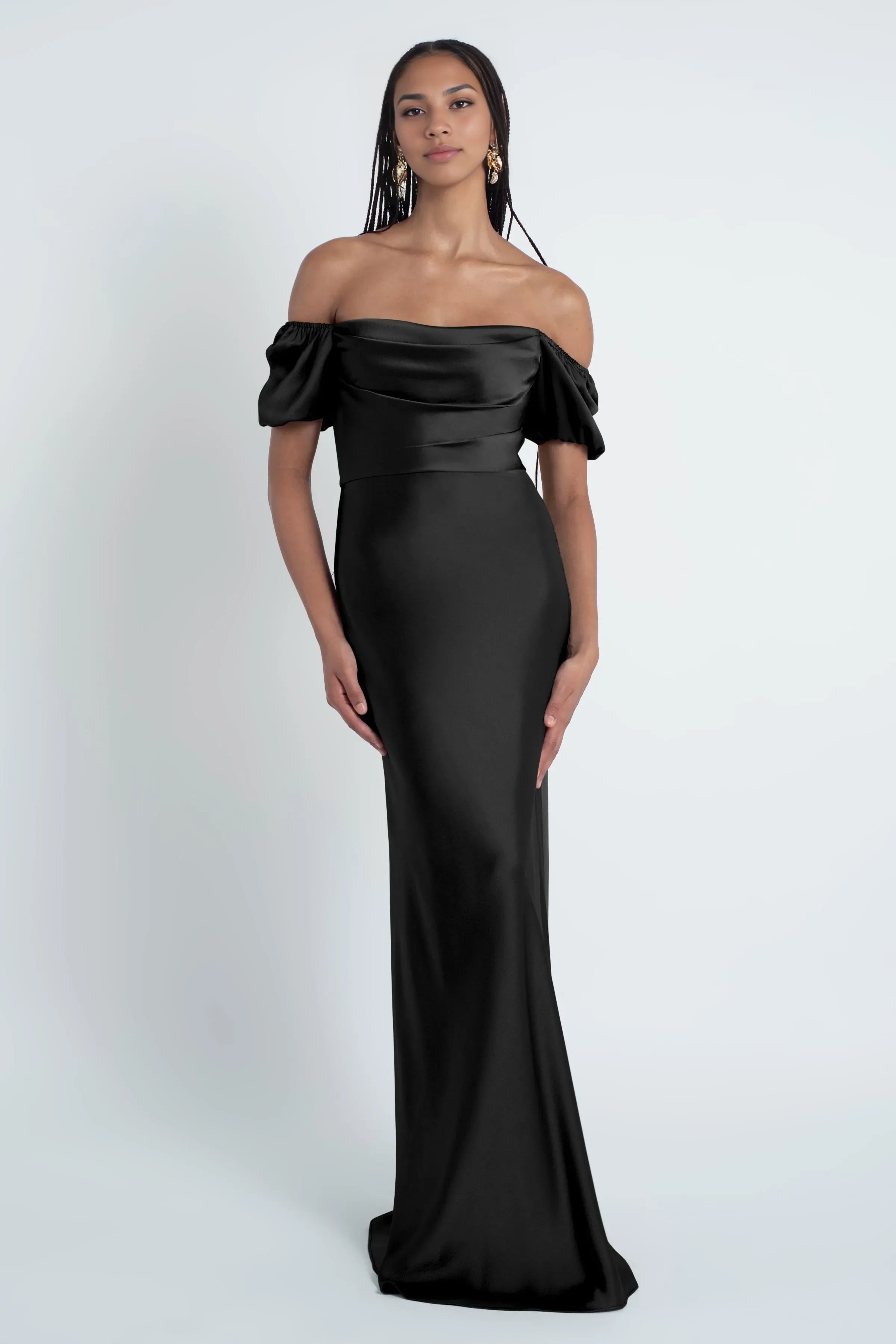 Straight Tube Straight Neck No Slit Short Sleeves Affordable Satin Evening Dresses Backless Trendy Floor Length Ball Gowns