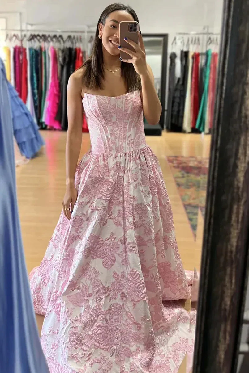 Strapless Corset Jacquard Floral A-Line Ball Gown