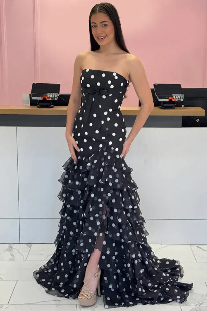 Strapless Polka Dot Bow Tiered Ruffle Mermaid Prom Dress
