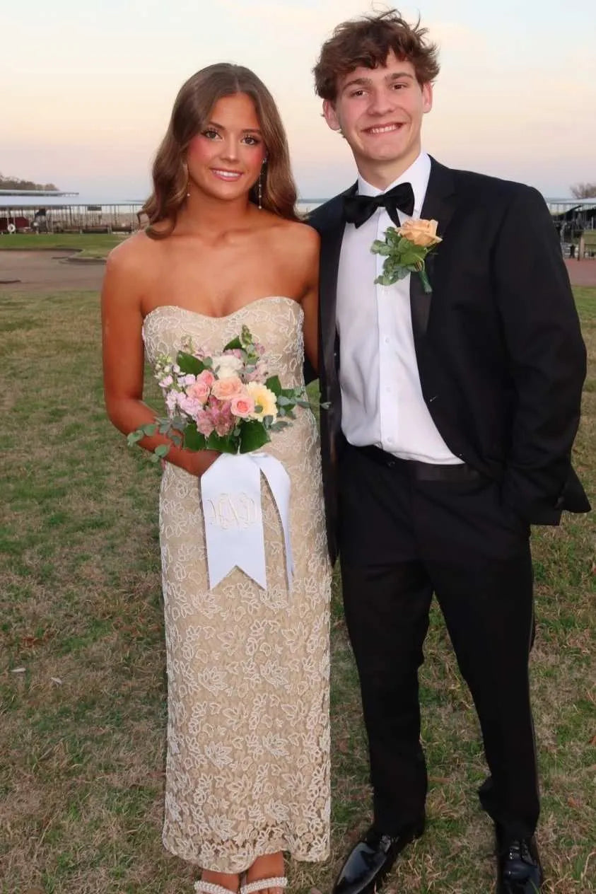 Strapless Sweetheart Lace Midi Formal Prom Dress