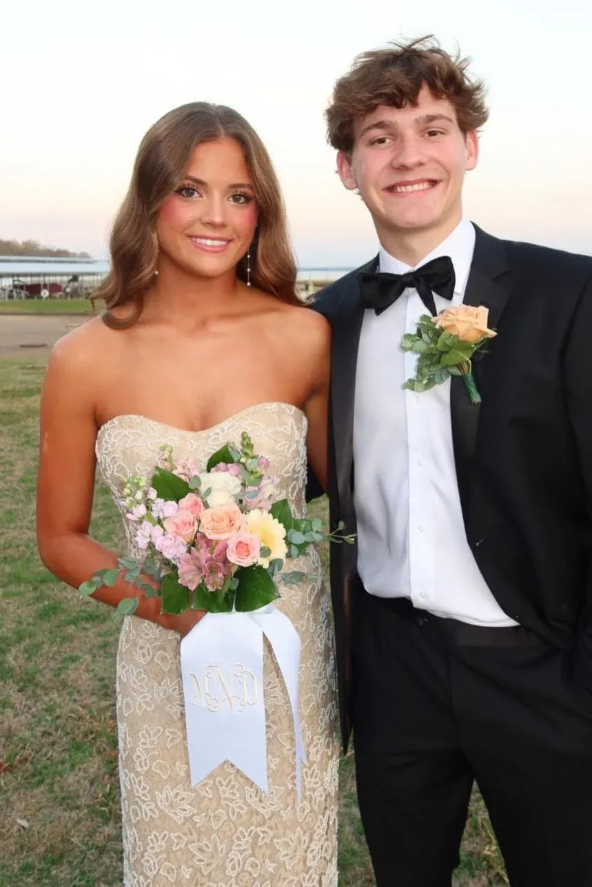 Strapless Sweetheart Lace Midi Formal Prom Dress