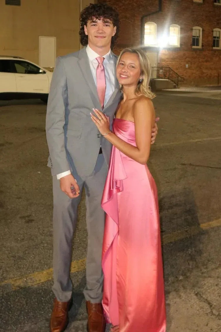 Strapless Twist Front Satin High Slit Bridesmaid Maxi Dress