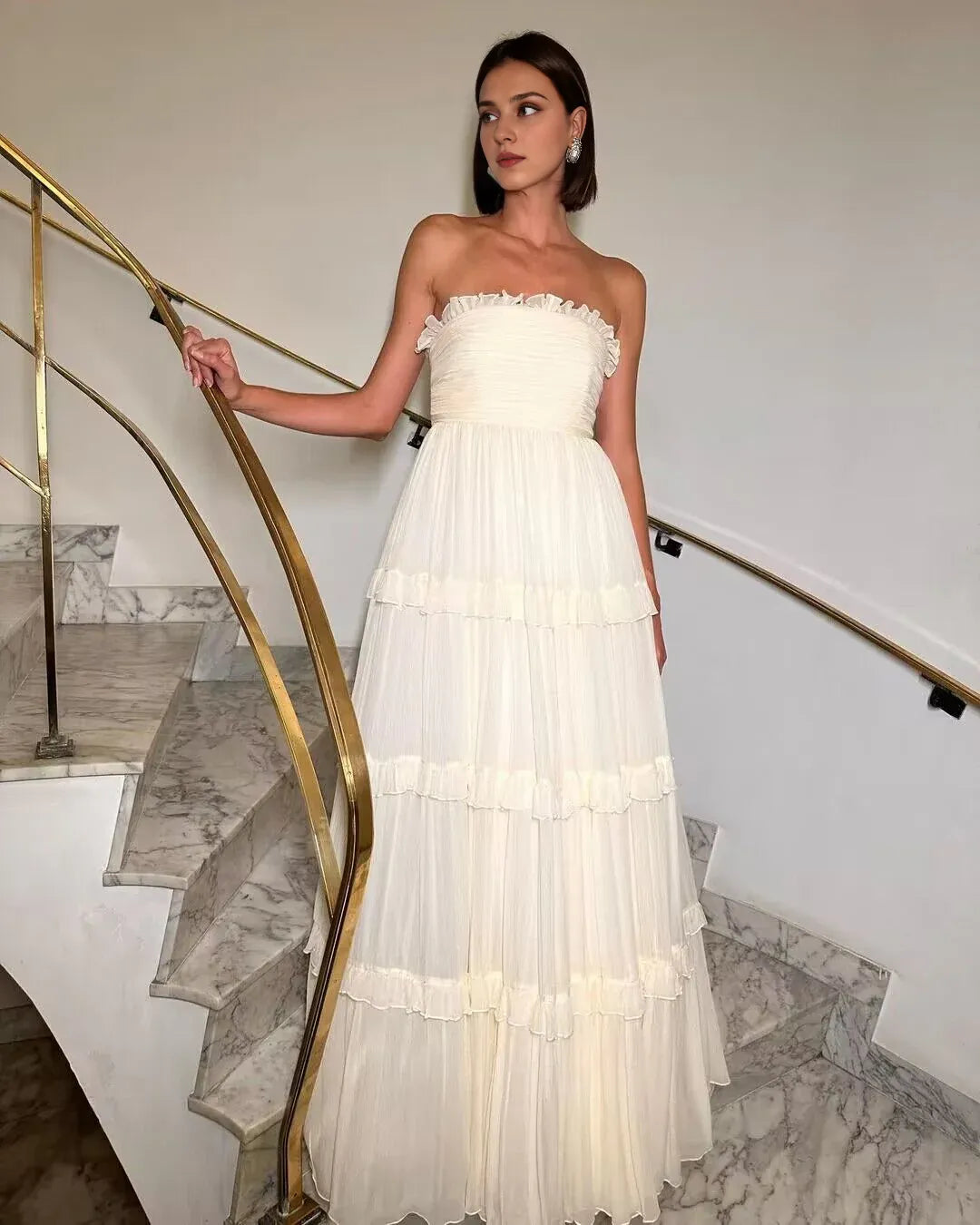 Weitese Formal Women's Dresses Strapless Beige A Line Long Chiffon Prom Dress Prom Dresses Stores