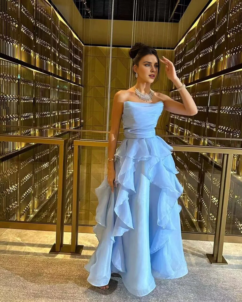 Weitese Formal Women's Dresses Strapless Blue A Line Ruffled Long Prom Dresses Prom Dresses Stores