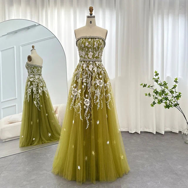 Weitese Formal Women's Dresses Olive Green Elegant Strapless Evening Dress Formal Prom Gowns with Beading Prom Clothing
