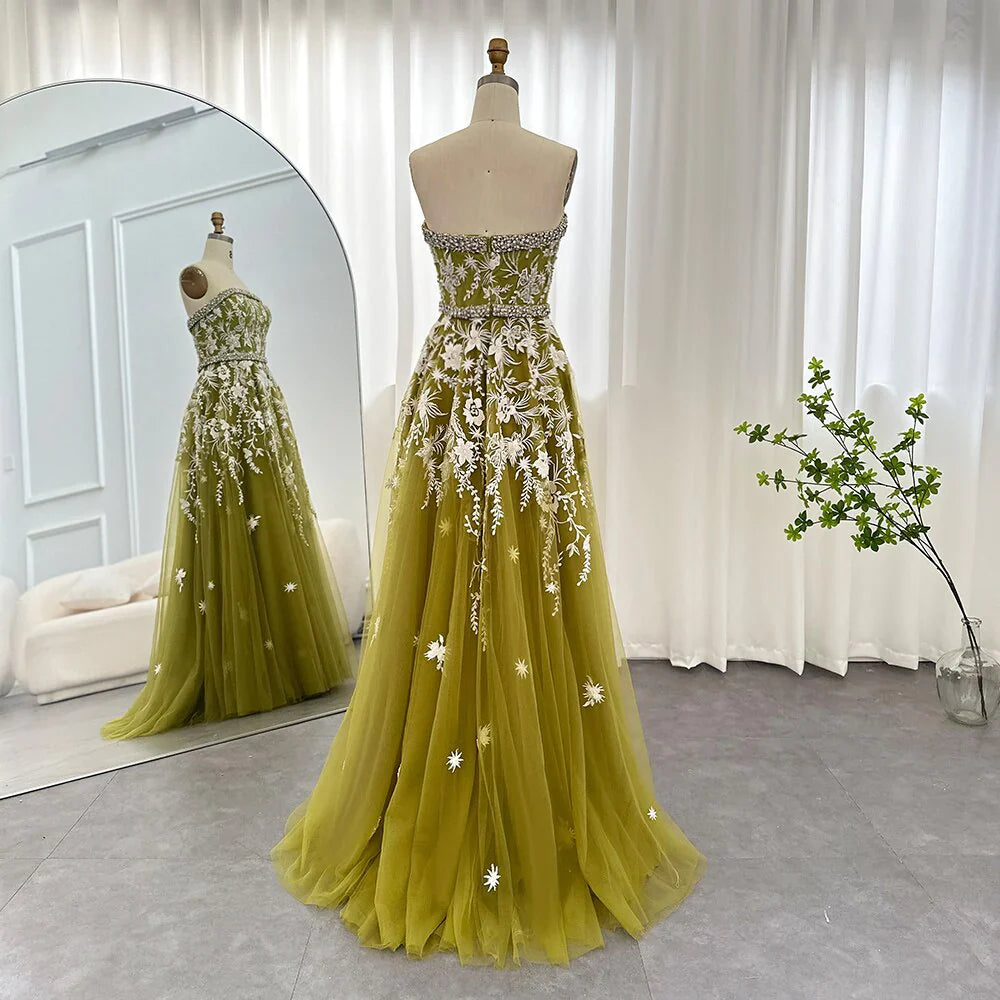 Weitese Formal Women's Dresses Olive Green Elegant Strapless Evening Dress Formal Prom Gowns with Beading Prom Clothing