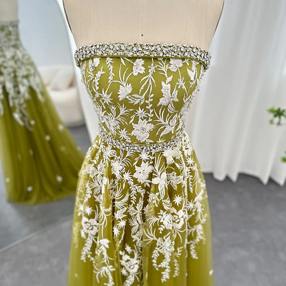 Weitese Formal Women's Dresses Olive Green Elegant Strapless Evening Dress Formal Prom Gowns with Beading Prom Clothing