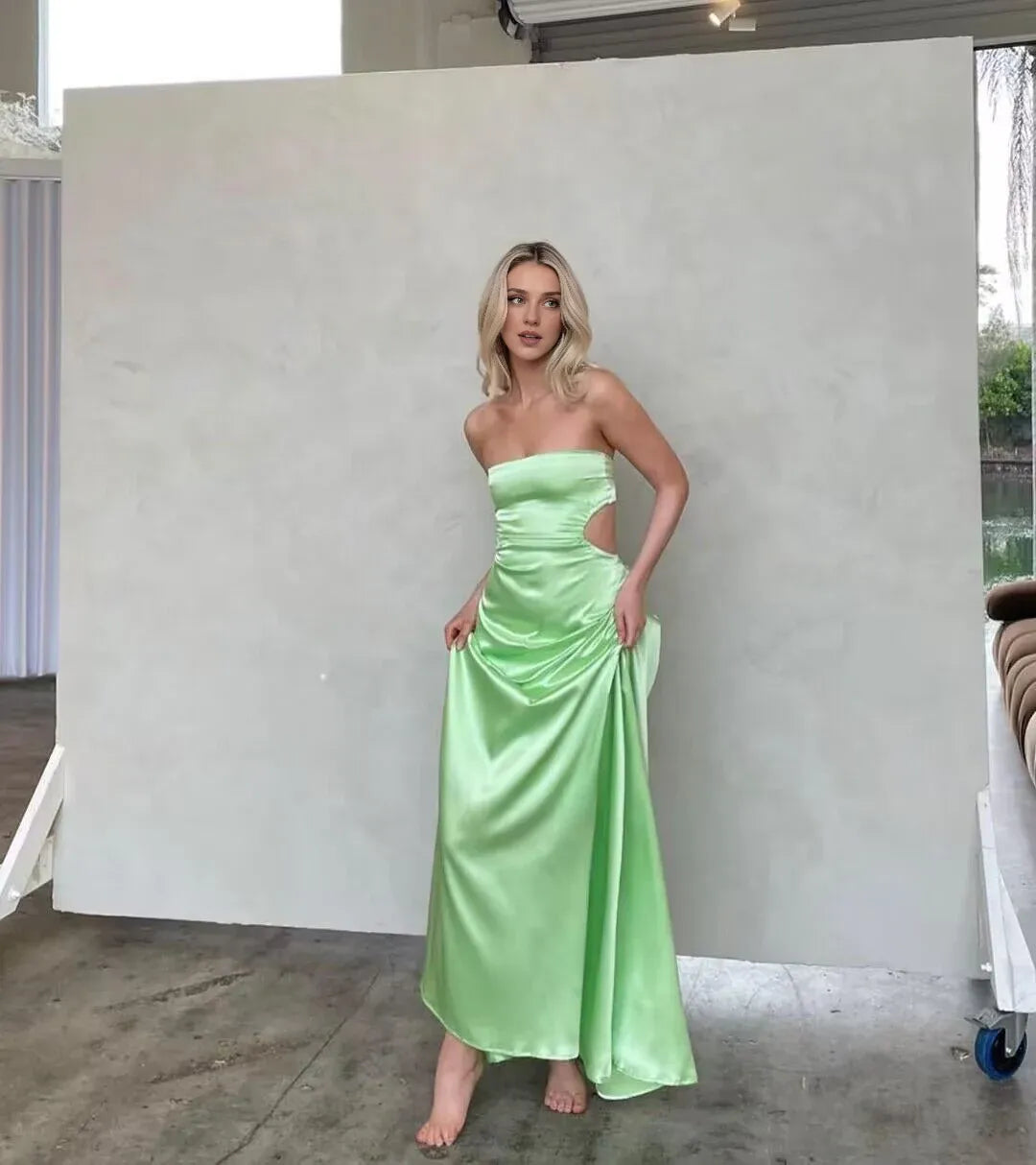 Weitese Formal Women's Dresses Strapless Green A Line Long Prom Dresses Prom Dresses Stores