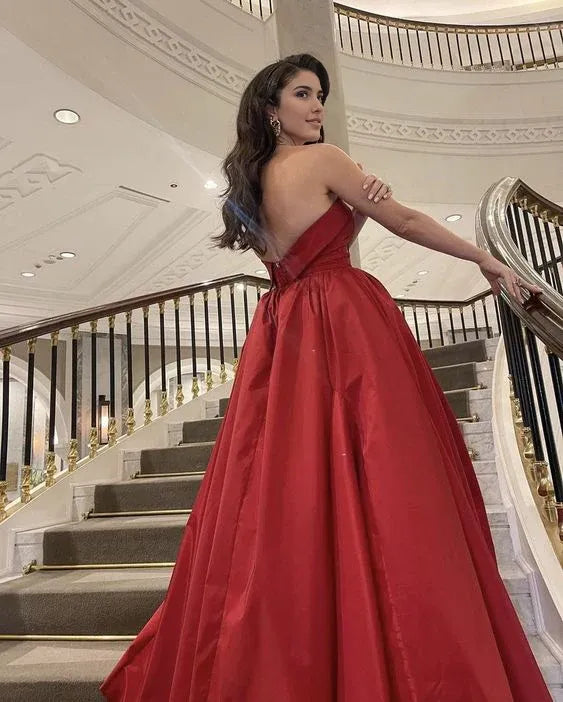 Robe de soirée longue rouge sans bretelles pour femme, coupe trapèze, style Weitese 