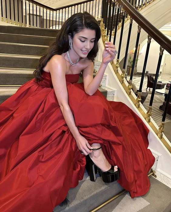 Robe de soirée longue rouge sans bretelles pour femme, coupe trapèze, style Weitese 