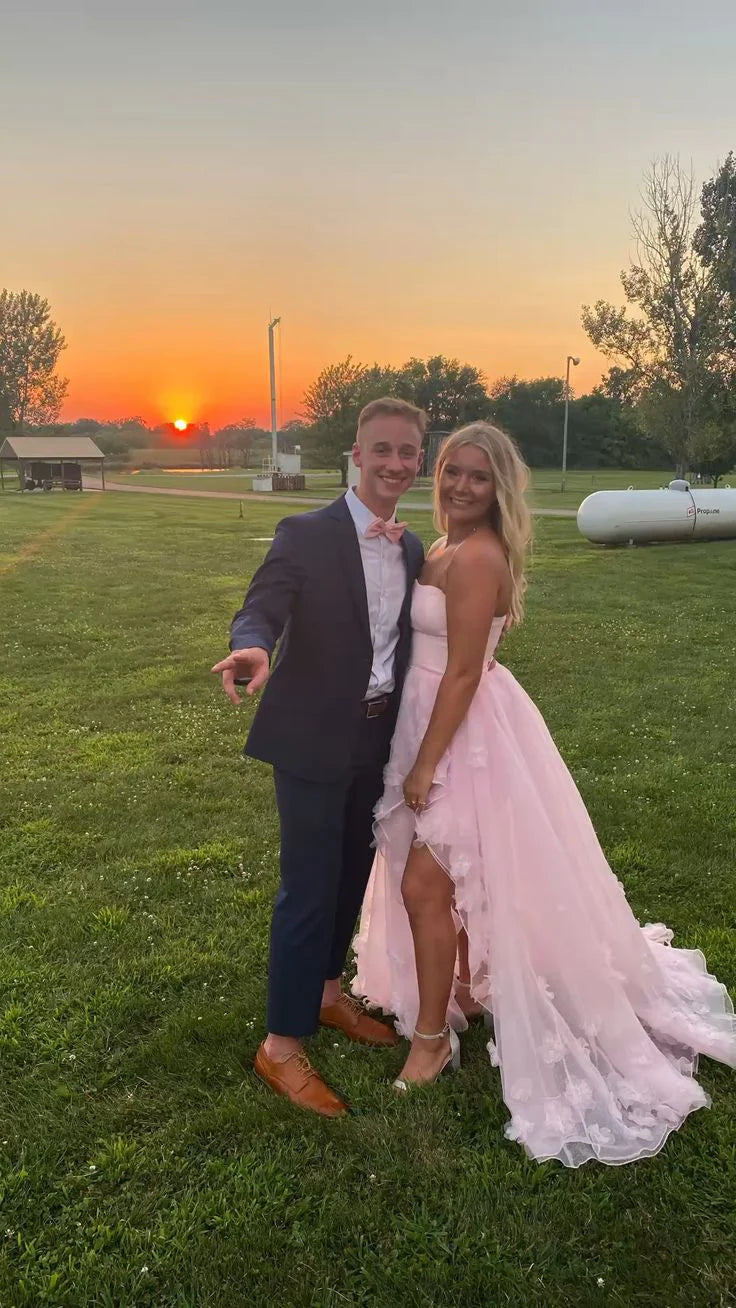 Robe de soirée longue rose clair en tulle, coupe trapèze, sans bretelles, pour femme 