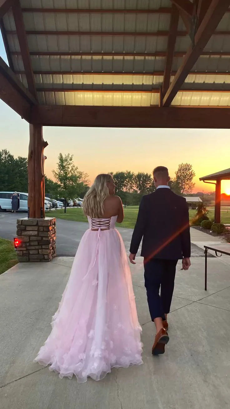 Robe de soirée longue rose clair en tulle, coupe trapèze, sans bretelles, pour femme 