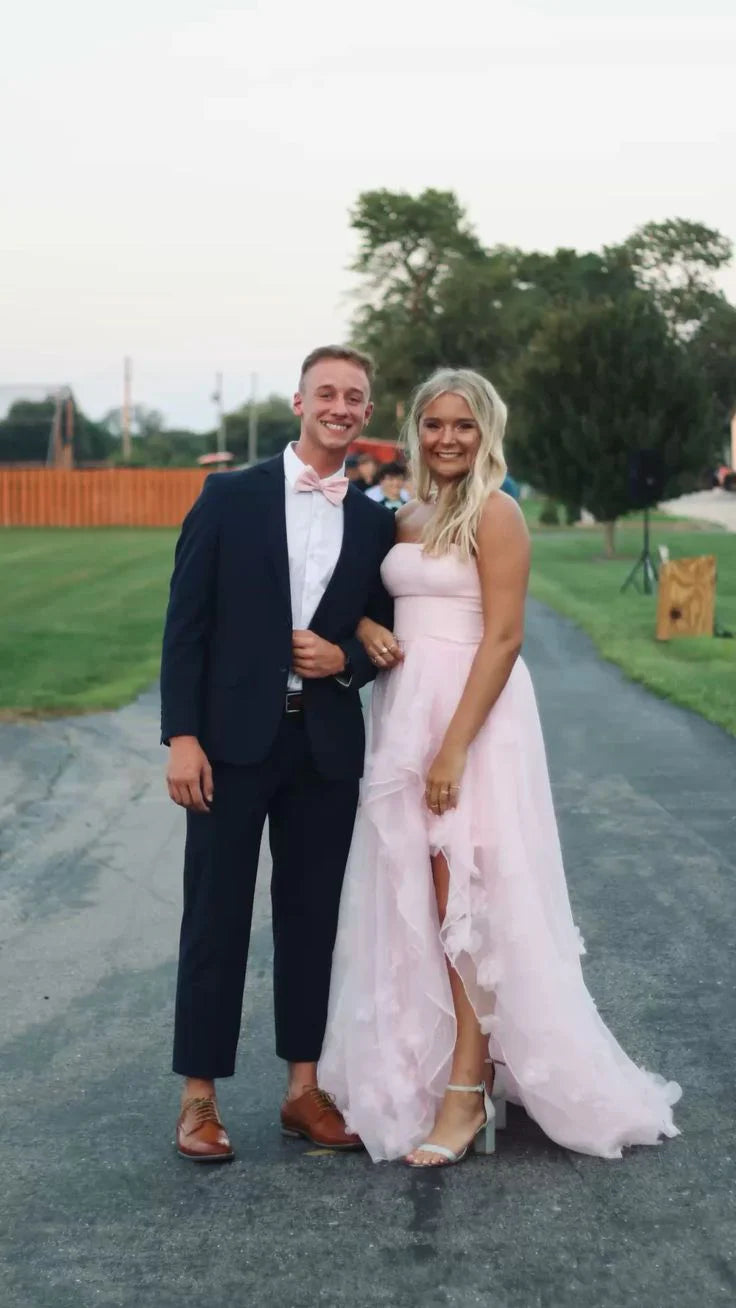 Robe de soirée longue rose clair en tulle, coupe trapèze, sans bretelles, pour femme 