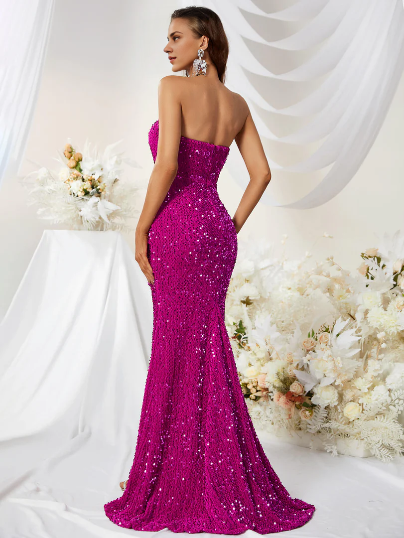 Robe de bal bustier, épaules dénudées, longueur au sol, sans manches, décolleté en cœur, fente à paillettes