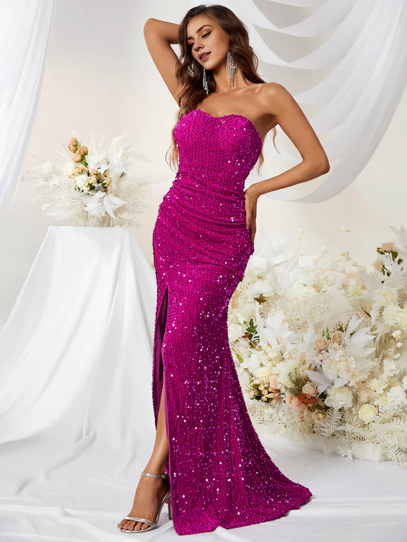 Strapless Off-the-Shoulder Floor Length Sleeveless Sweetheart Slit Sequin Prom Dress