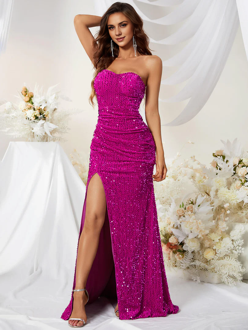 Strapless Off-the-Shoulder Floor Length Sleeveless Sweetheart Slit Sequin Prom Dress