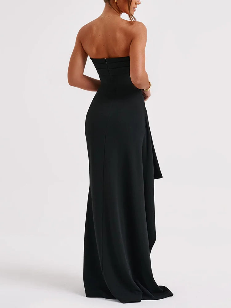 Robe de bal moulante bustier froncée à épaules dénudées et fente haute 