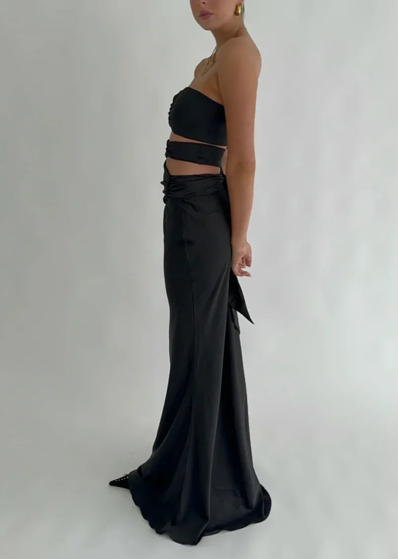 Robe de bal Weitese, robes de soirée noires sans bretelles en satin, élégantes, simples et longues 
