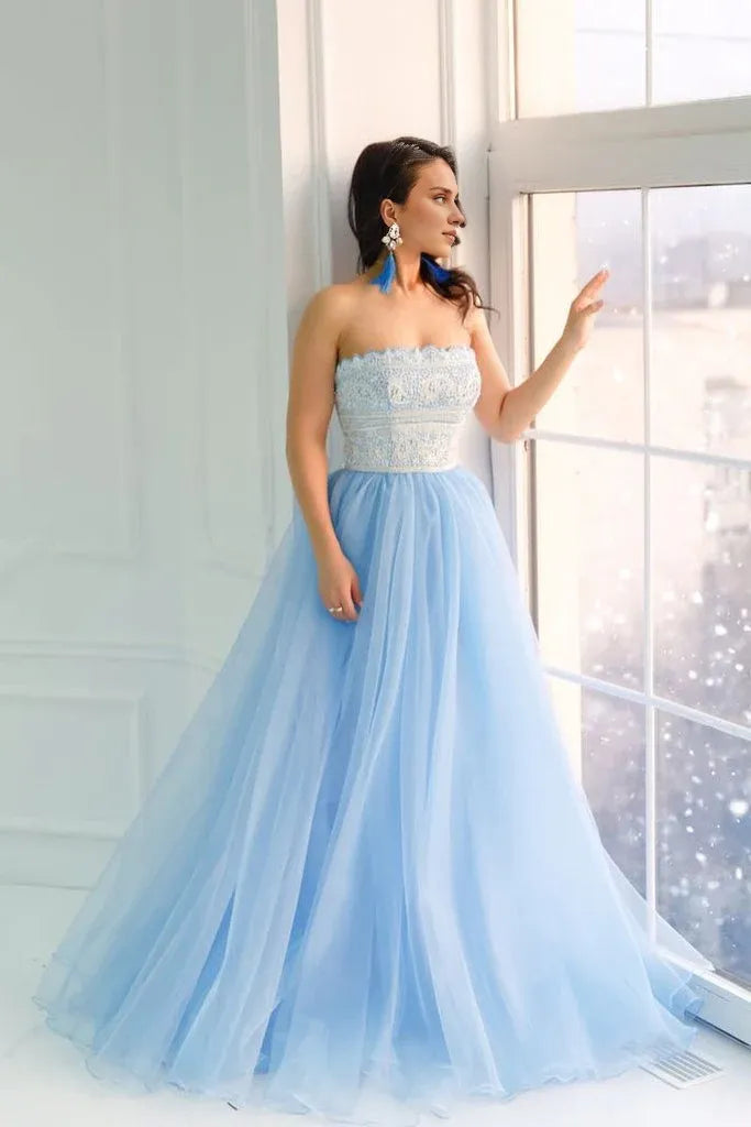 Prom Dresses Stores Princess Strapless Sky Blue Long Tulle A Line Prom Dress with White Lace  Formal Women's Dresses