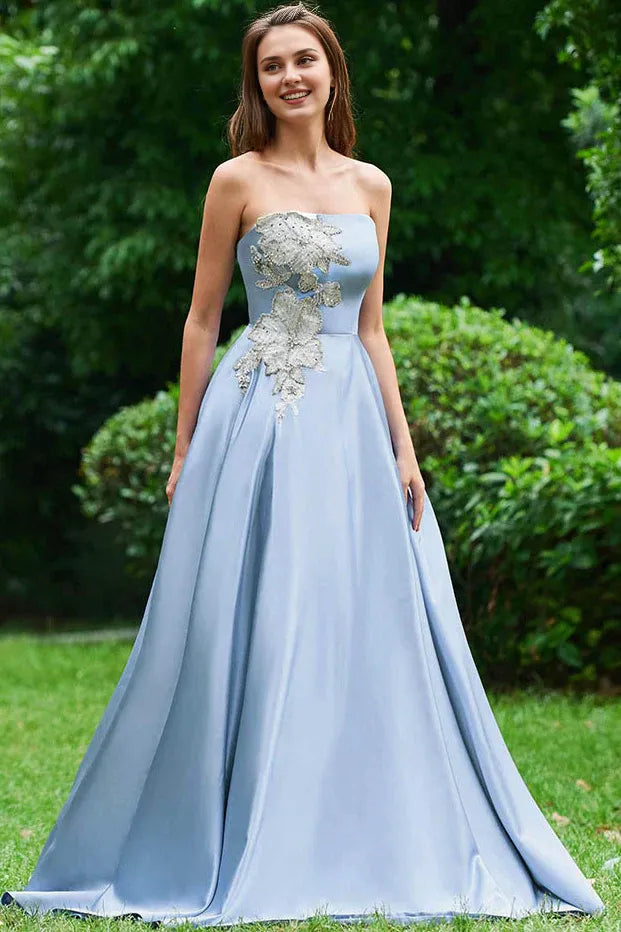 Prom Dresses Stores A Line Strapless Sky Blue Satin Long Prom Dresses With Appliques Formal Women's Dresses