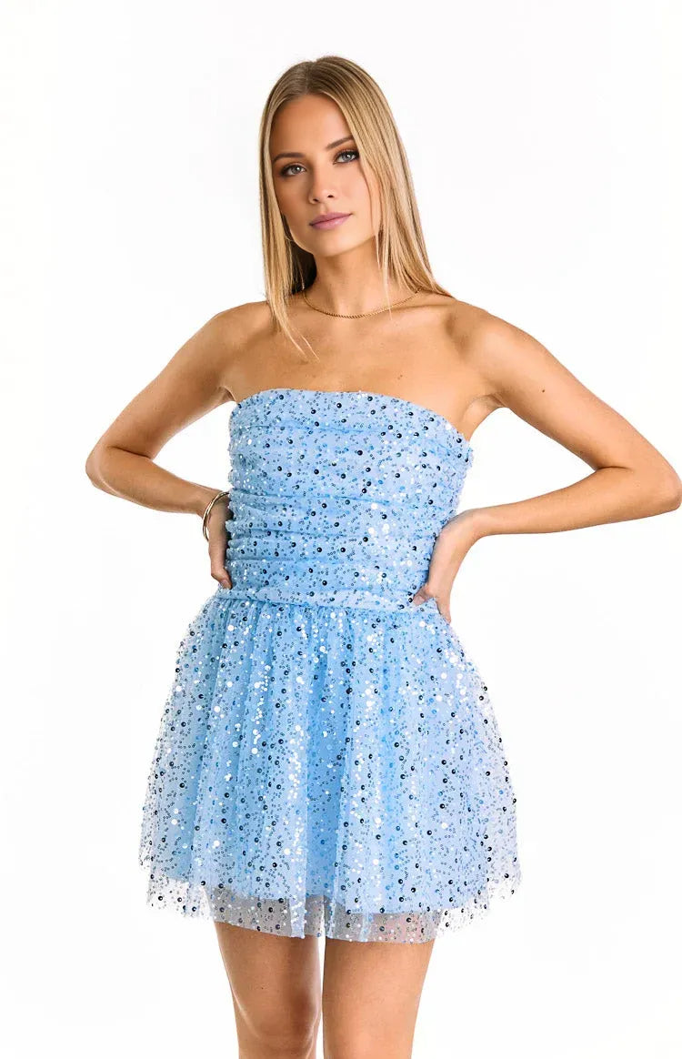 Strapless Sleeveless Sequin Trendy A-Line Knee-Length Homecoming Party Dresses Unique Backless Party Dresses No Slit