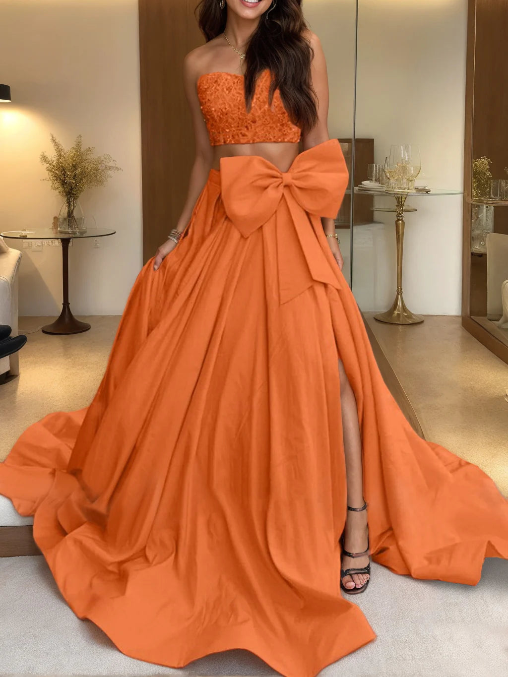 Prom Dresses Stores A-Line/Princess Strapless Sleeveless Sweep Train Evening Dress with Bow(s) Formal Women's Dresses