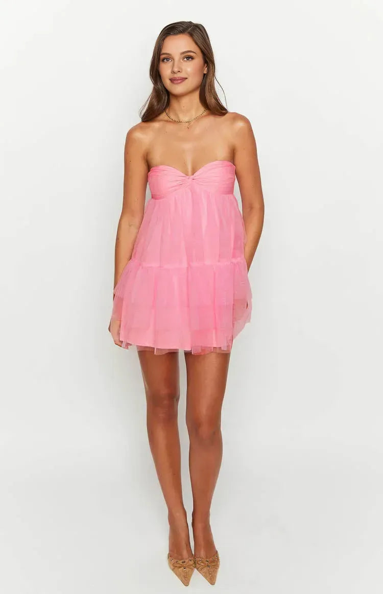 Strapless Sleeveless Tulle Trendy Prom Party Homecoming Dresses Backless Pleats A-Line Elegant Cocktail Dresses