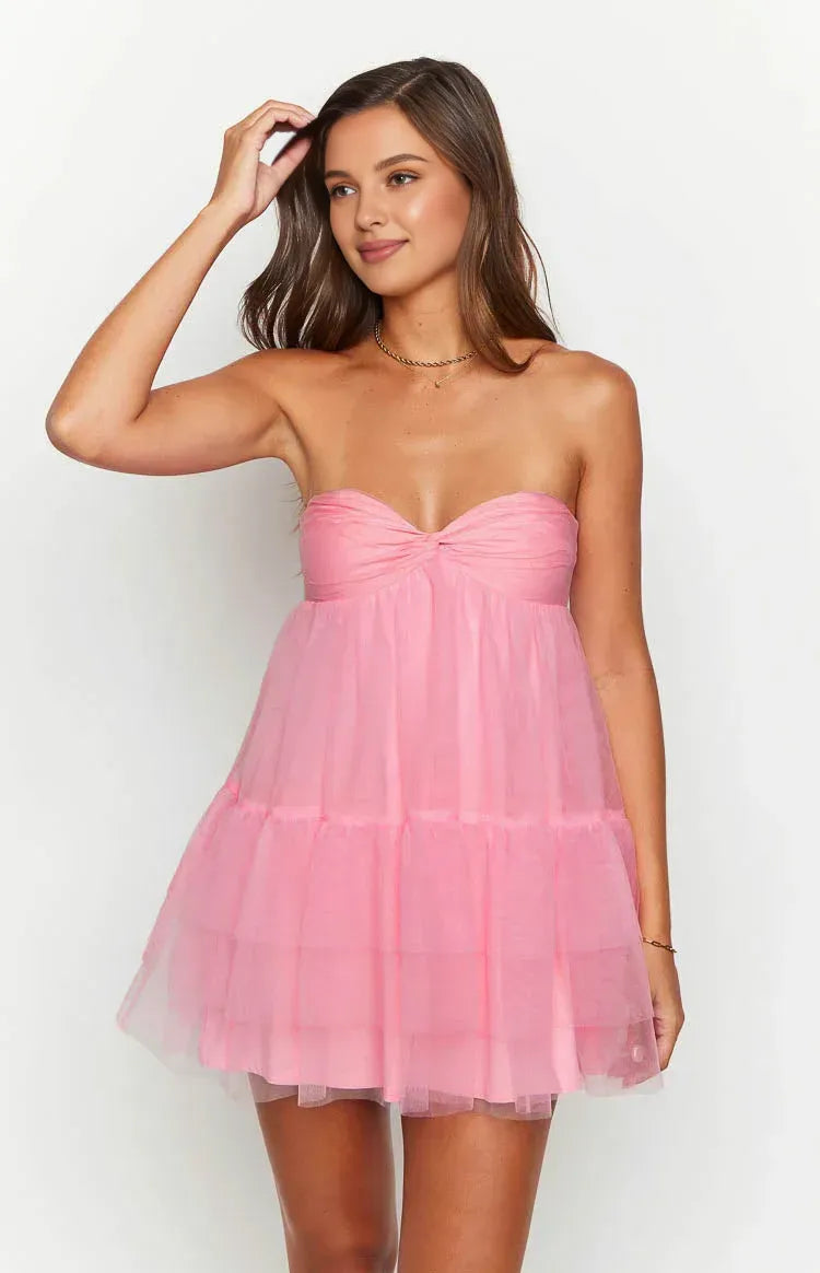 Strapless Sleeveless Tulle Trendy Prom Party Homecoming Dresses Backless Pleats A-Line Elegant Cocktail Dresses