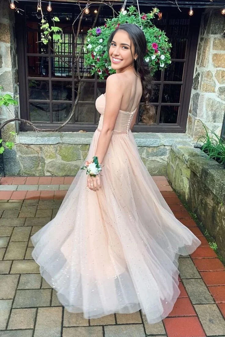 Weitese Formal Women's Dresses Strapless Sweetheart Tulle Long Prom Dresses A Line Party Dress Prom Dress Store