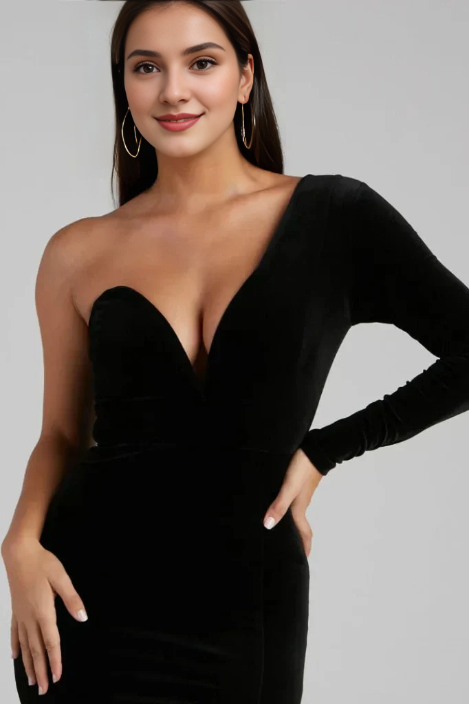 Vestido de noche de sirena, de terciopelo, sin tirantes, largo hasta el suelo, con un solo hombro y mangas largas con abertura alta 