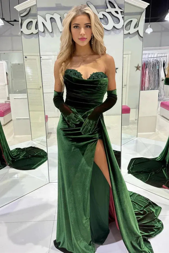 Vestidos formales Weitese para mujer, vestido largo de fiesta de graduación de terciopelo sin tirantes, escote corazón verde esmeralda con abertura, tiendas de vestidos de graduación 