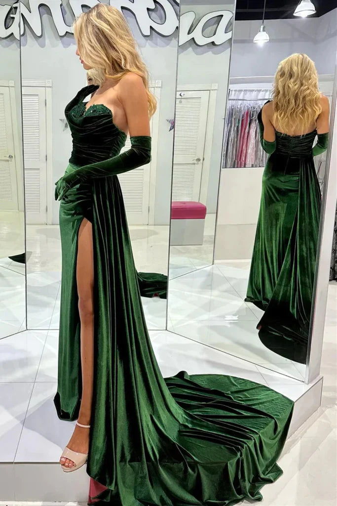 Vestidos formales Weitese para mujer, vestido largo de fiesta de graduación de terciopelo sin tirantes, escote corazón verde esmeralda con abertura, tiendas de vestidos de graduación 