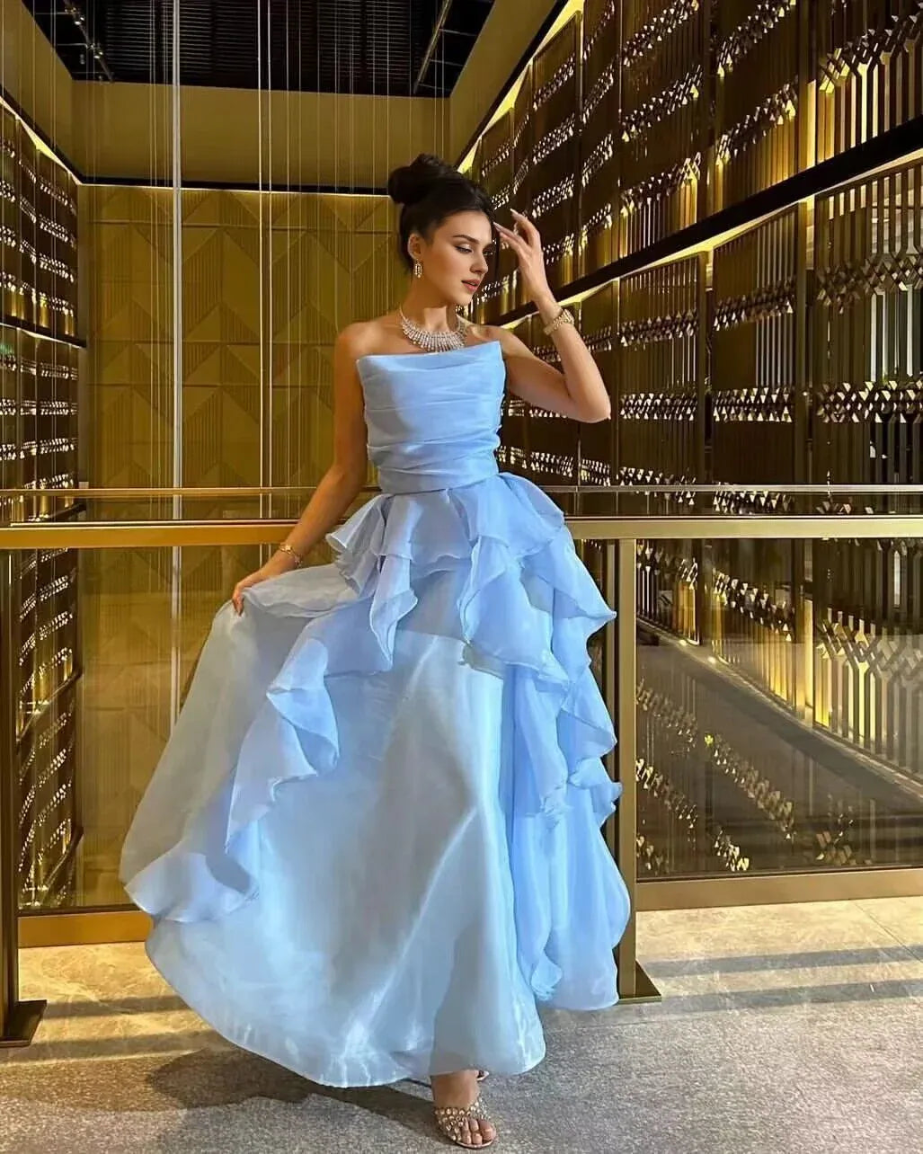 Weitese Formal Women's Dresses Strapless Blue A Line Ruffled Long Prom Dresses Prom Dresses Stores