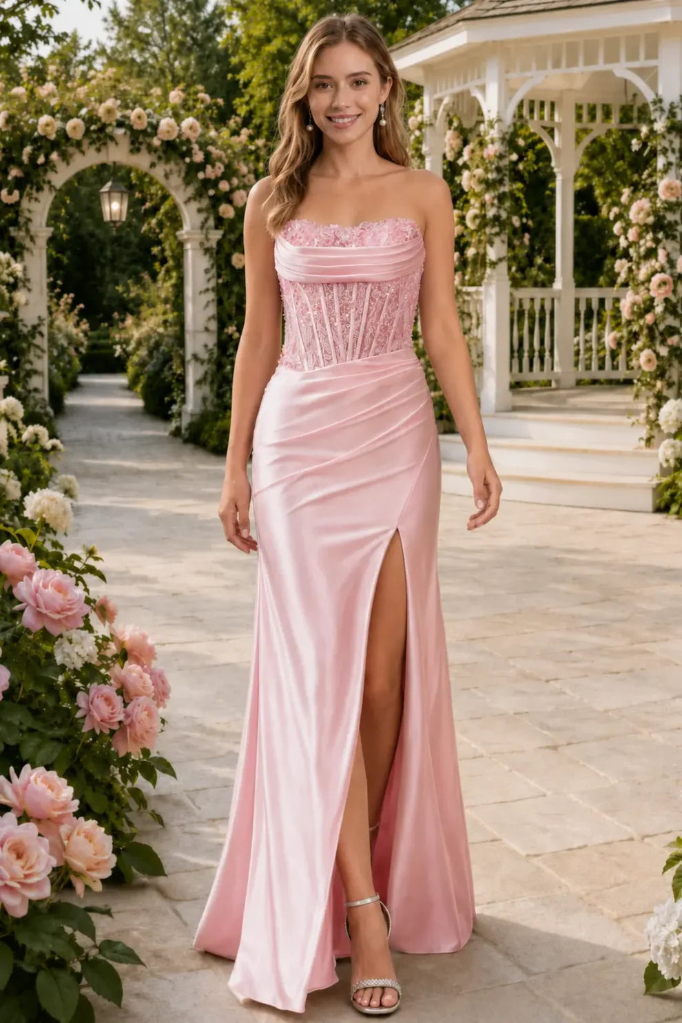 Blushing Pink Satin and Lace Sheath Straight Across Low Back Floor-Length Dress