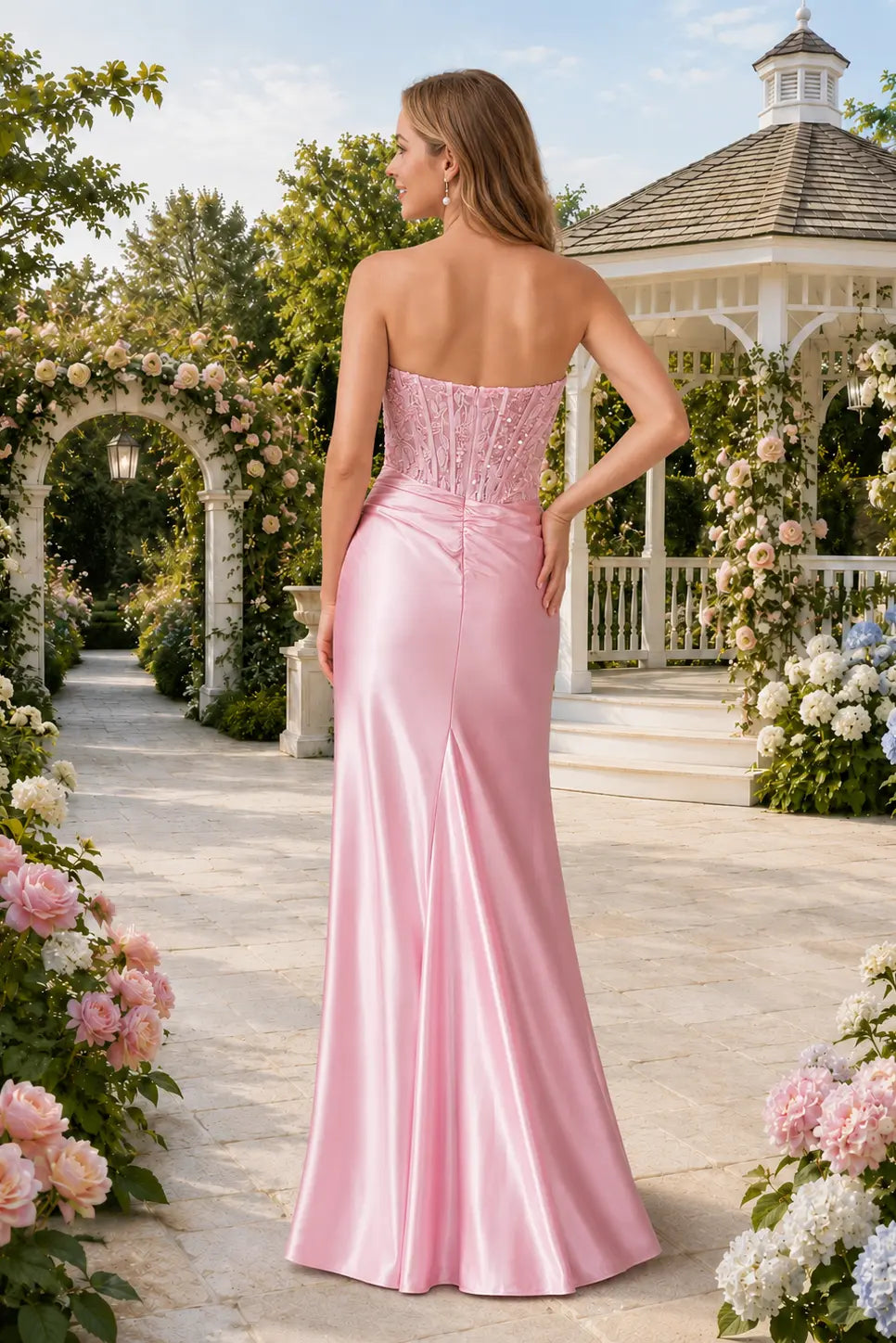 Blushing Pink Satin and Lace Sheath Straight Across Low Back Floor-Length Dress
