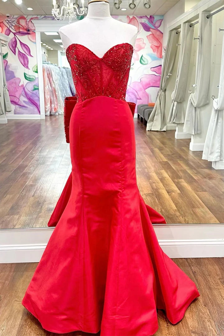 Strapless Sequin-Embroidery Sweetheart Bow-Back Trumpet Prom Dress Gown