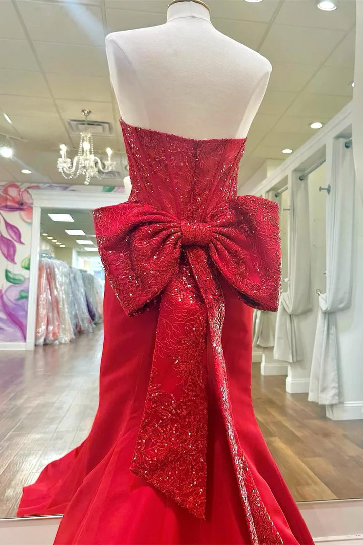 Strapless Sequin-Embroidery Sweetheart Bow-Back Trumpet Prom Dress Gown