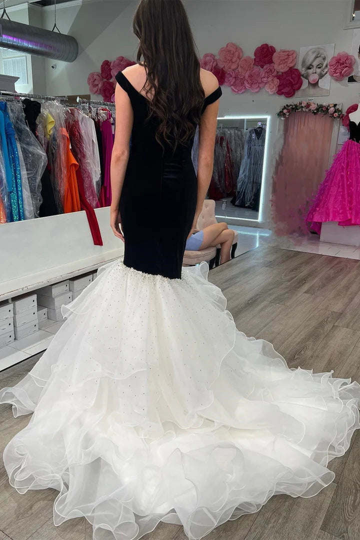 Strapless Velvet Off-the-Shoulder Multi-Layer Trumpet Formal Gown Prom Dress