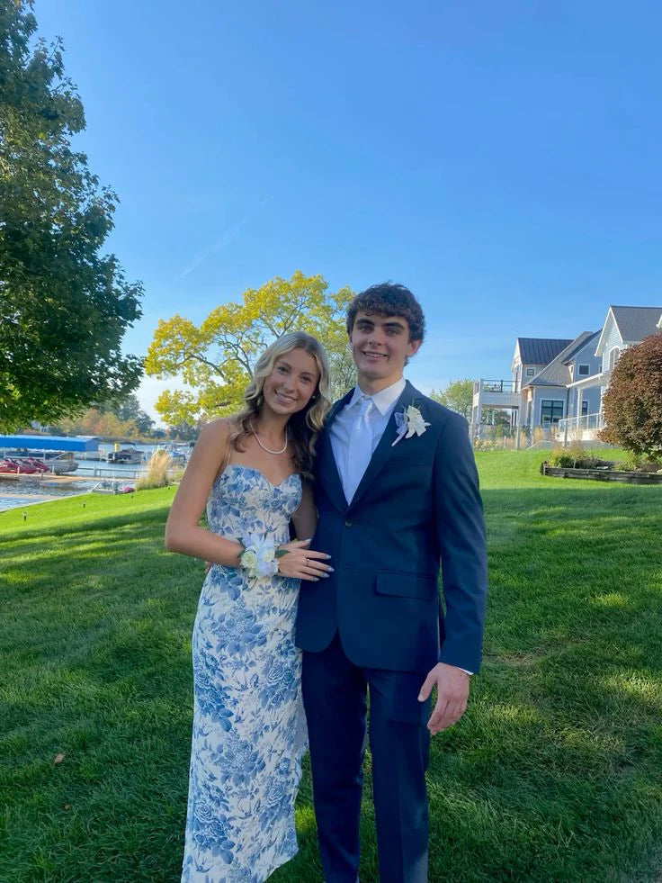 Weitese Dress Prom Dress Stores Blue Straps Printed Sheath Party Dress Wedding Guest Dress Formal Dresses