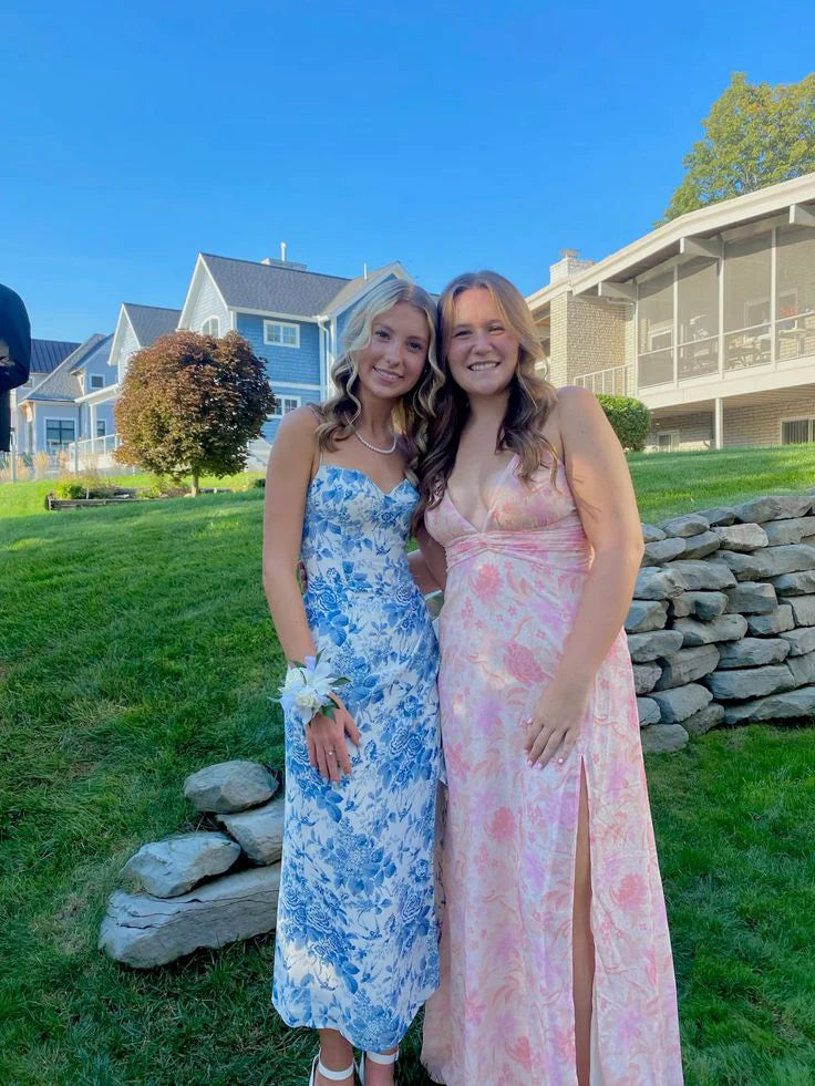 Weitese Dress Prom Dress Stores Blue Straps Printed Sheath Party Dress Wedding Guest Dress Formal Dresses