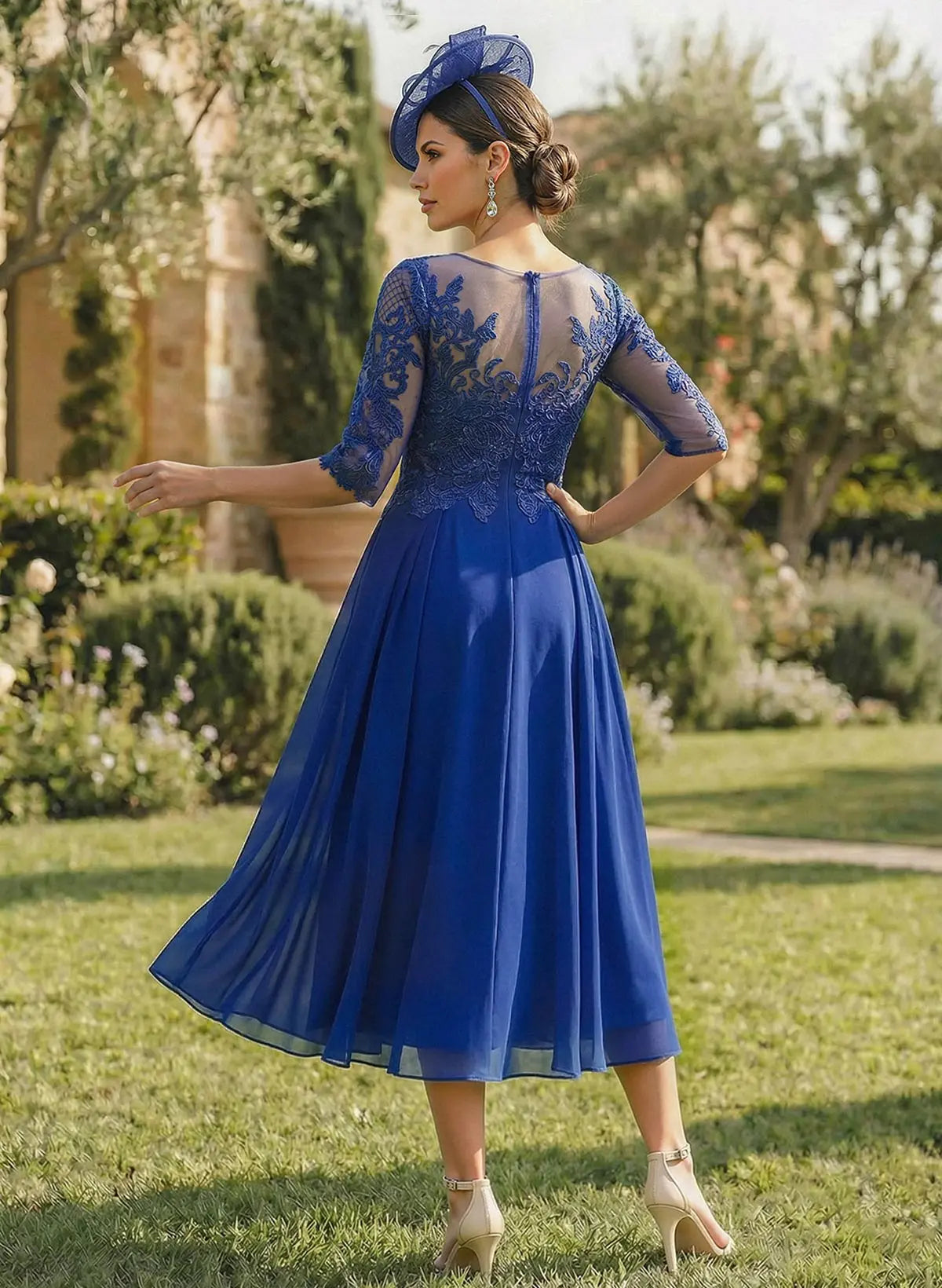 Striking Cobalt Blue Lace & Chiffon Tea-Length Mother of the Bride Dress