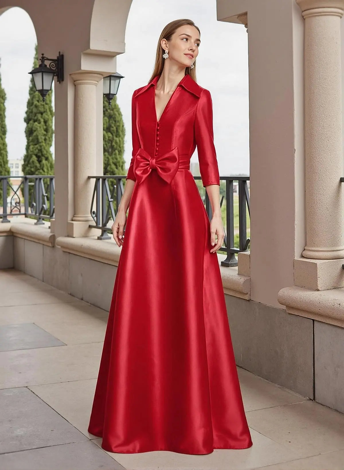 Striking Red Satin Shirt-Style Evening Gown with Statement Bow