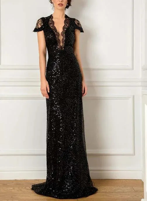 Stunning Black Sequin Mermaid Evening Gown with Lace V-Neck and Slit Mother of the Bride Dress