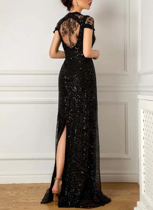 Stunning Black Sequin Mermaid Evening Gown with Lace V-Neck and Slit Mother of the Bride Dress